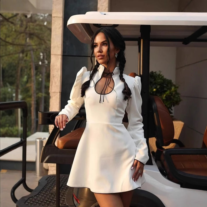 Elegant shirt dress for women with ruffled collar and tied accent Lune London