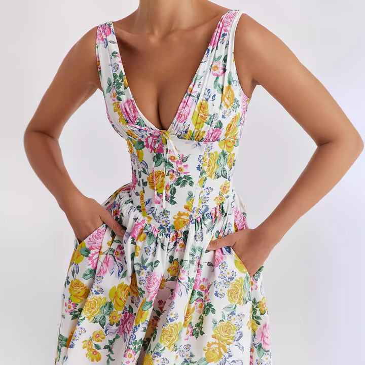 Midi dress for women with floral pattern and elegant V neck Chic & Stil