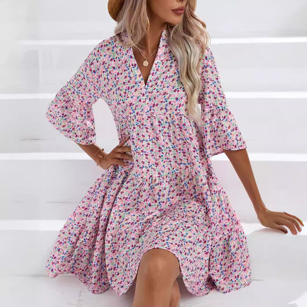 Shirt dress for women with voluminous ruffled sleeves and a playful floral pattern Lune London