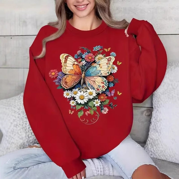 Sweatshirt à longues manches pour femmes avec imprimé floral de papillon Chic & Stil