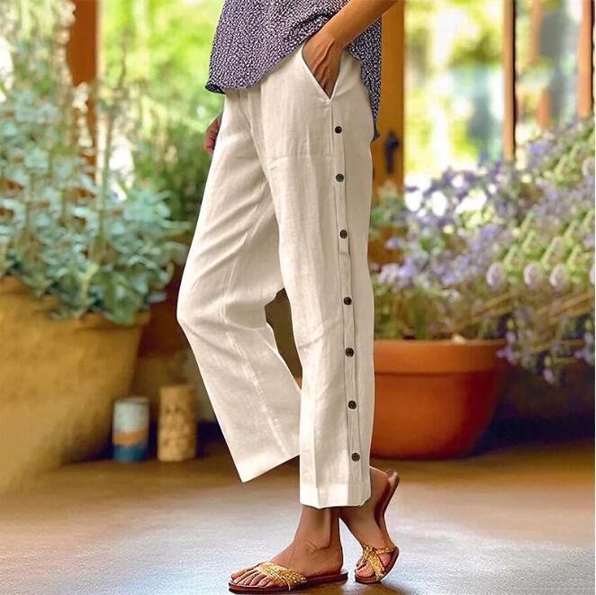 Linen pants for women with side button details and relaxed fit Lune London