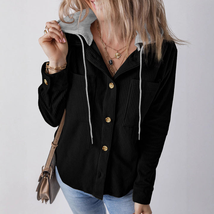 Hooded blouse for women with textured fabric and practical button details Lune London