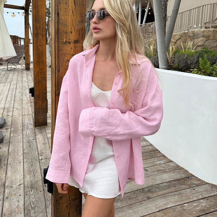 Chic und Stil | Women's linen shirt with a casual cut and oversized sleeves