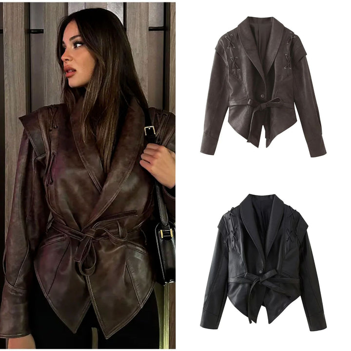Fashion faux leather jacket for women with a stylish belt detail and a chic design Lune London