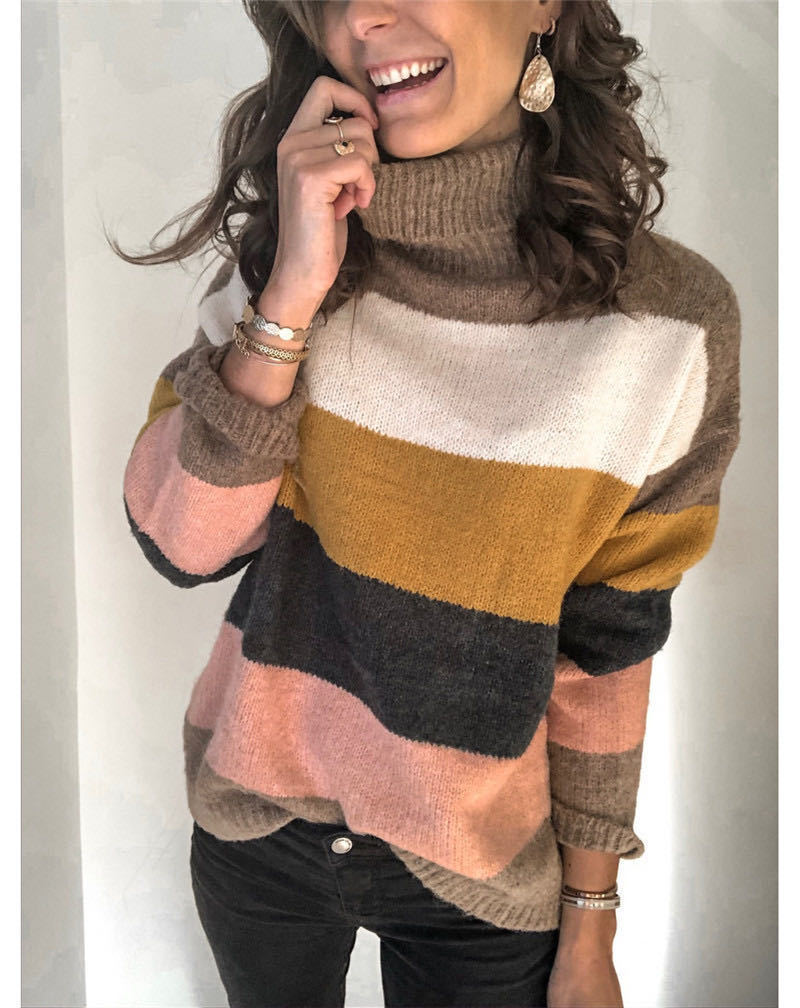 Stylish knitted sweater for women with a relaxed roll neck and chic color block design
