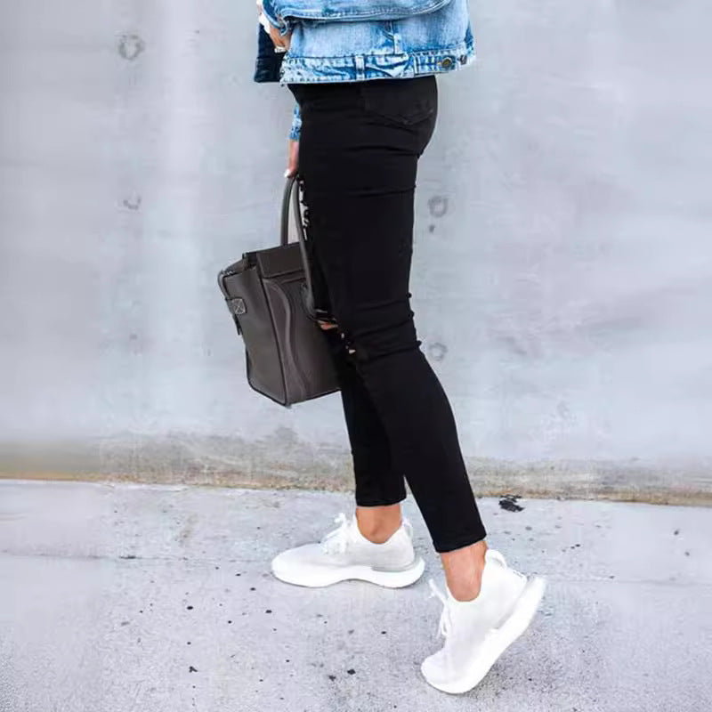 Ladies Skinny Jeans with Fashionable Rips Lune London