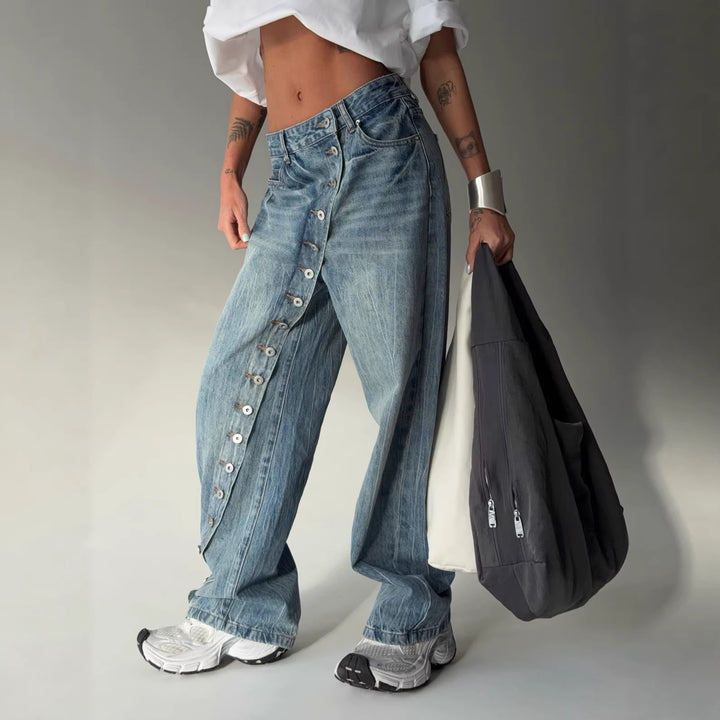 Jeans pour femmes à coupe large avec boutonnière continue Chic & Stil