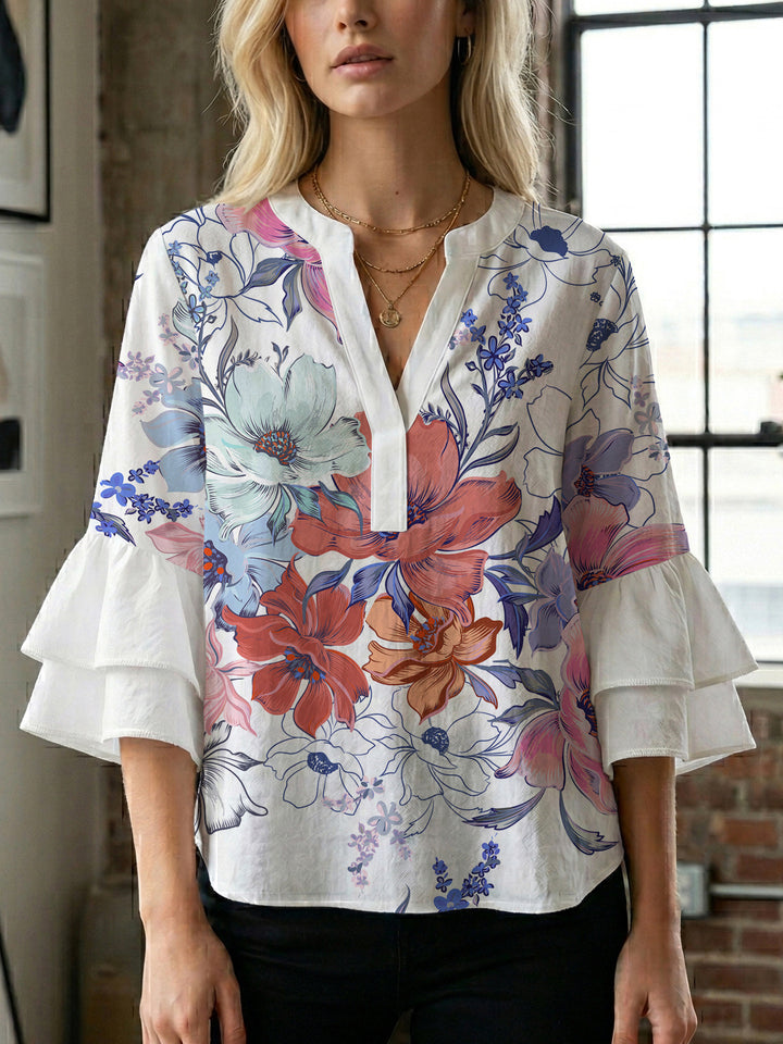 Women Elegant Top with Voluminous Puff Sleeves and Floral Print Lune London