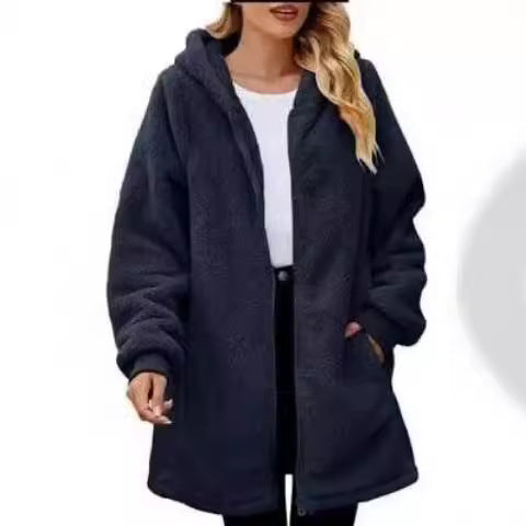 Comfortable fleece hooded coat for women with large pockets and zip Lune London