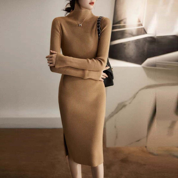 Knitted dress for women with high collar and ribbed structure Lune London