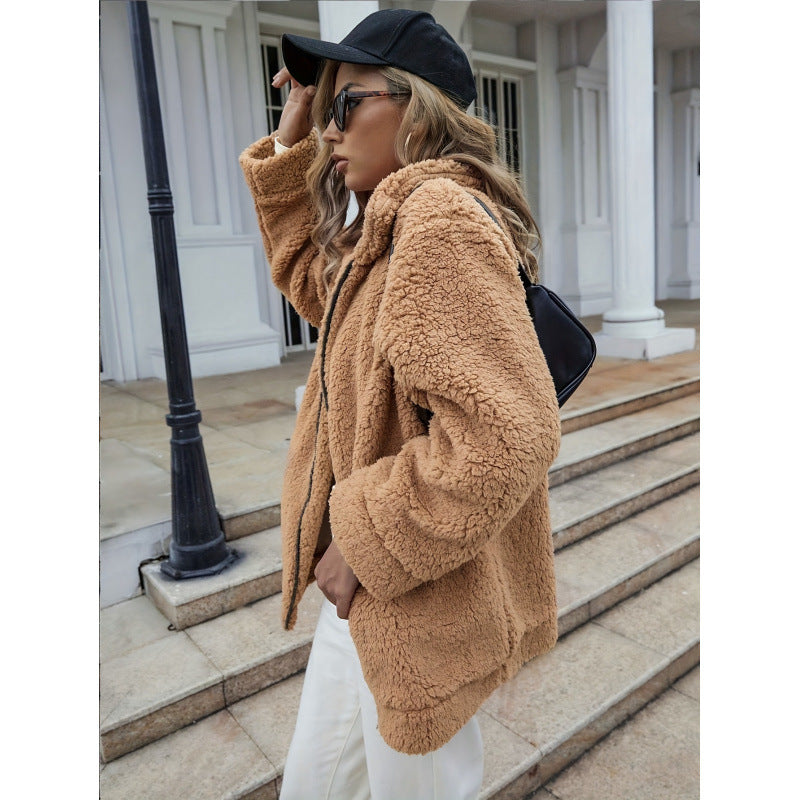 Ladies Cozy Fleece Jacket with High Collar and Zipper Lune London
