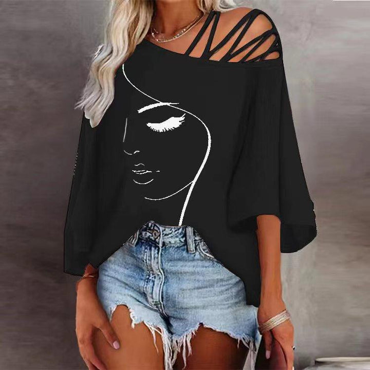 Women's tunic with asymmetric strap design and stylized face graphic Lune London
