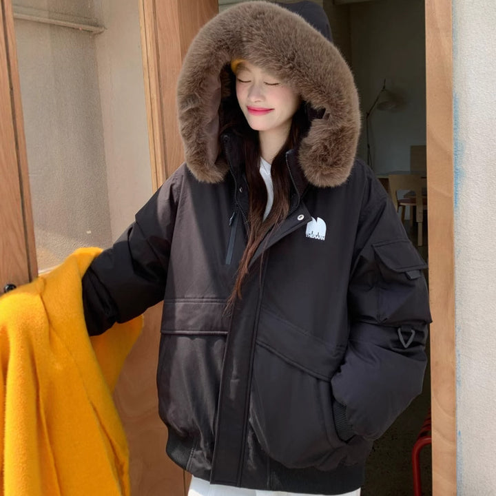 Ladies Oversized Winter Jacket with Removable Faux Fur Collar and Large Pockets Chic and Stylish
