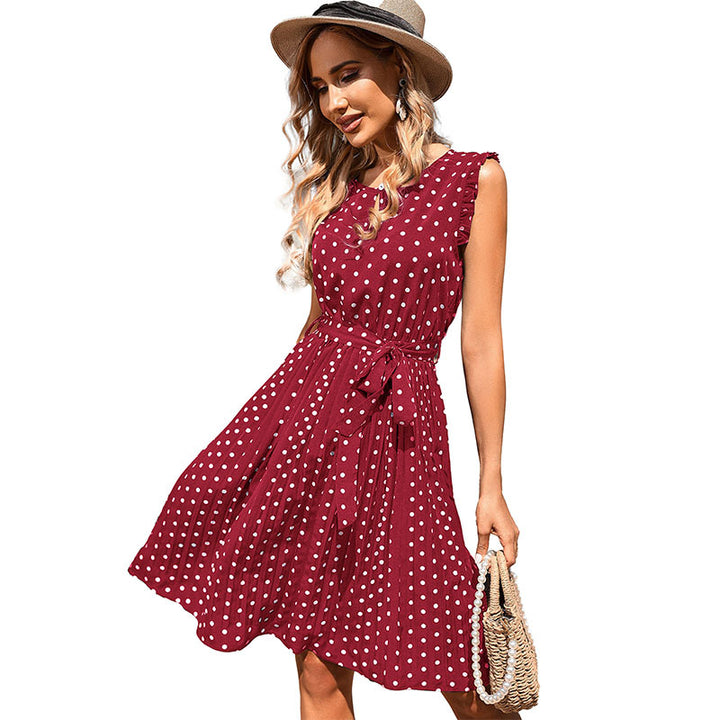 A-line polka dot dress for women with adjustable tie belt Lune London