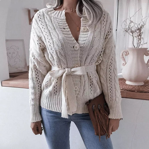 Knit jacket for women with waist belt and refined decorative patterns Lune London