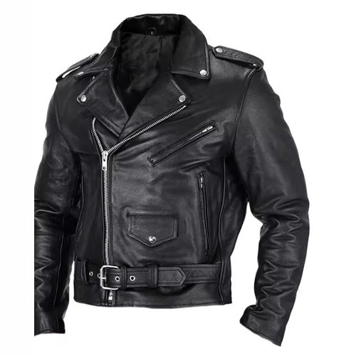 Men's leather biker jacket with asymmetrical zipper and practical pockets Lune London