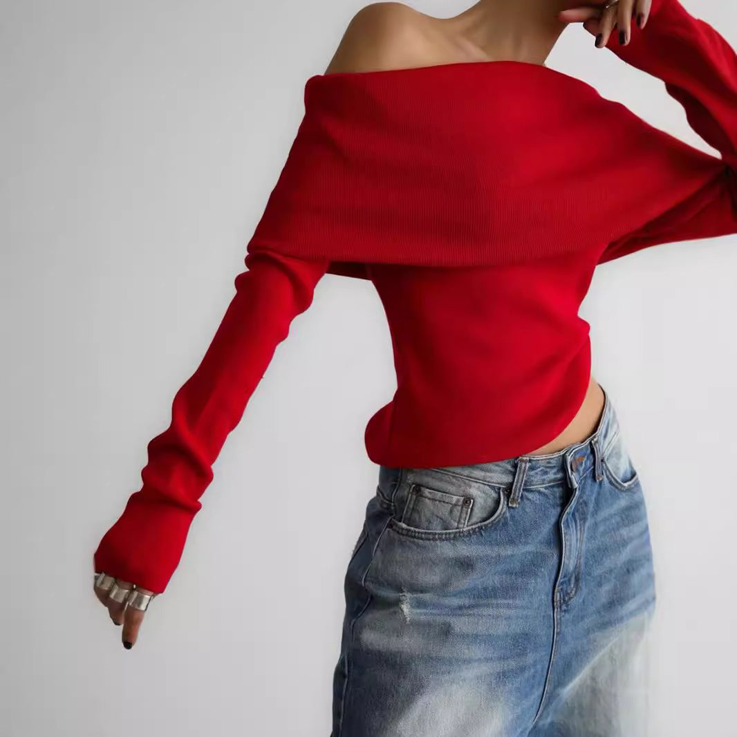 Ladies Elegant deep neckline top with smooth texture and flared sleeves Lune London