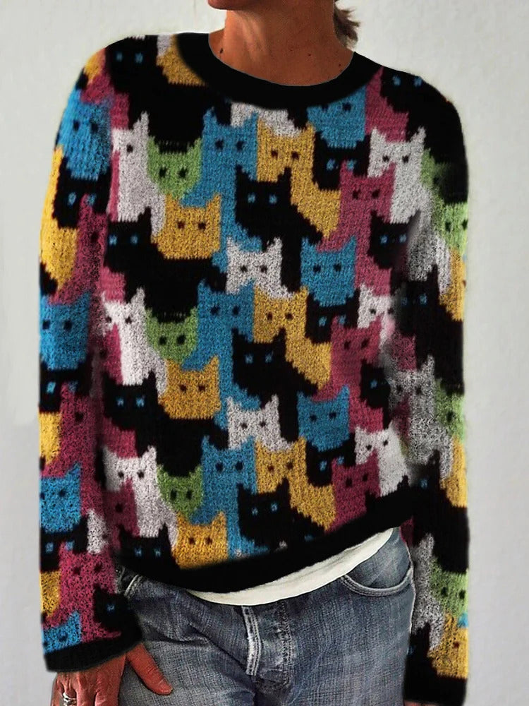Pull en tricot pour femmes avec un motif de chat ludique Chic & Stil
