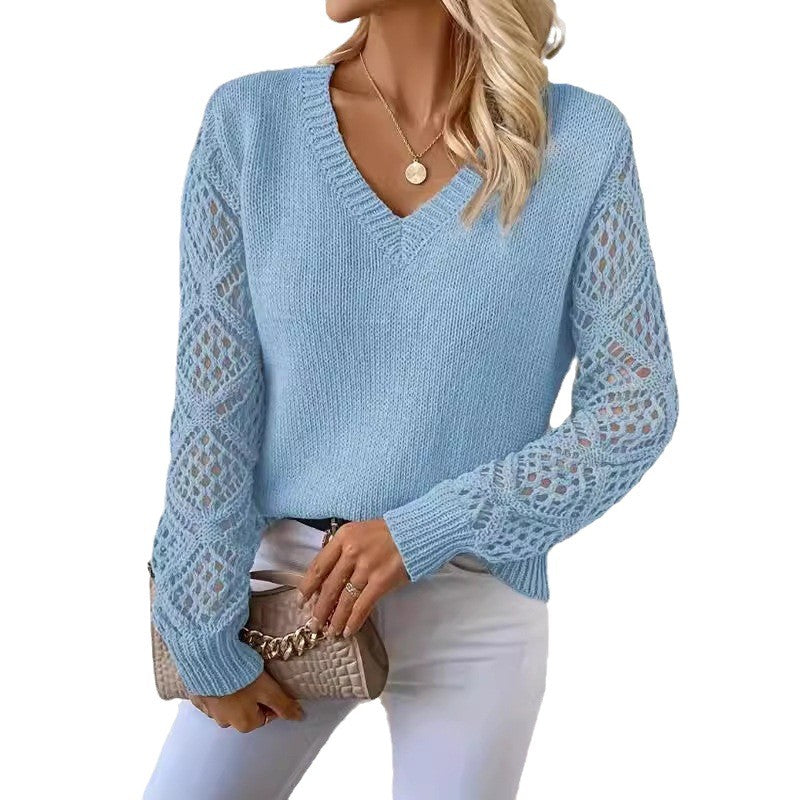 Knitted sweater for women with V-neck and crocheted sleeves Lune London