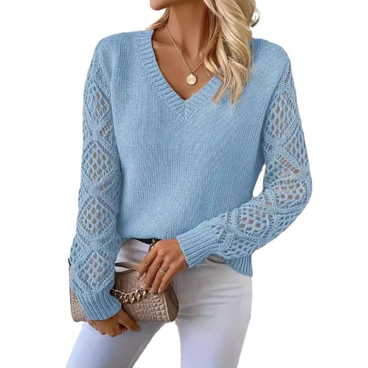 Knitted sweater for women with V-neck and crocheted sleeves Lune London