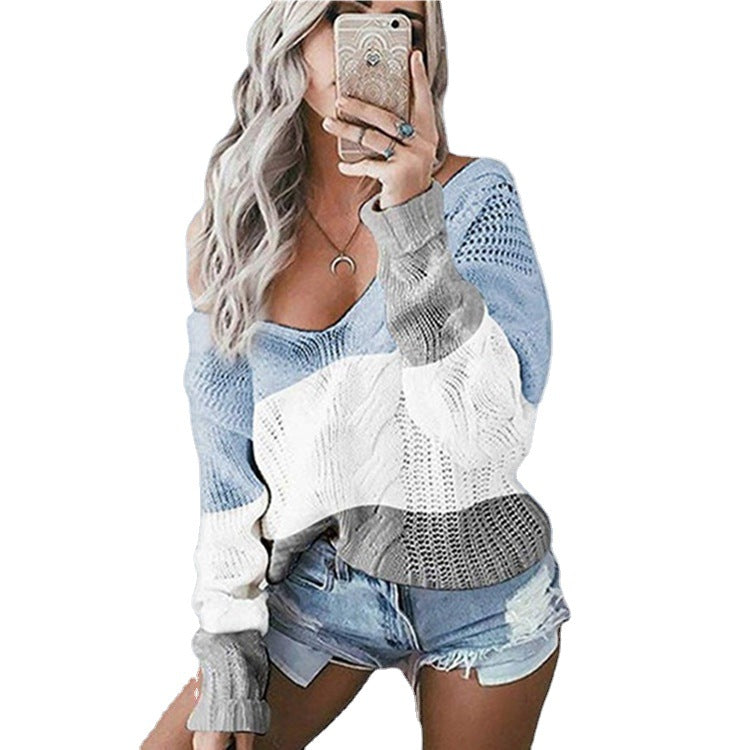 Lightweight knit sweater for women with deep V-neck and trendy crochet pattern Lune Londonl