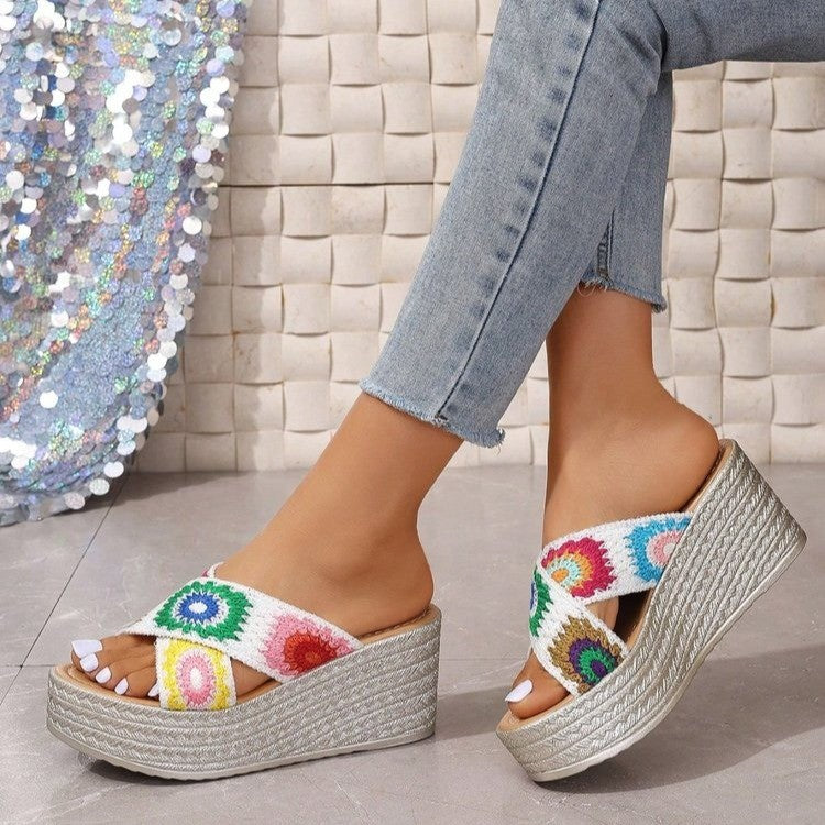Ladies' platform sandals with a colorful floral pattern and a non-slip sole Lune London