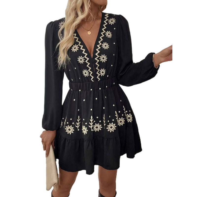 Mini dress for women with floral embroidery detail and waist belt Lune London