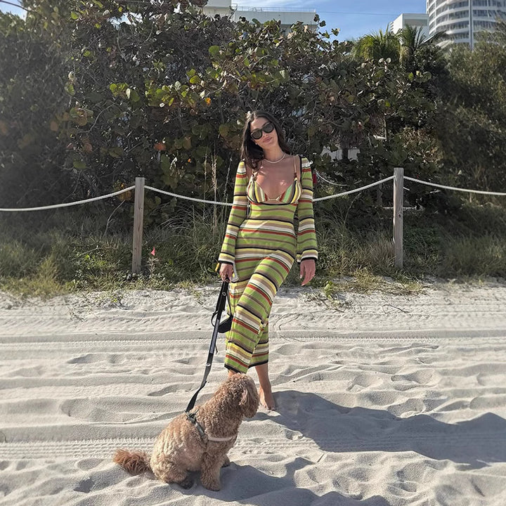 Maxi dress for women with a unique striped pattern and wide sleeves Lune London