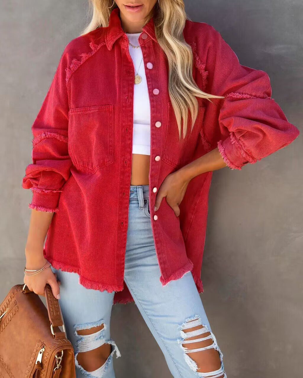Oversized denim shirt for women with fringes Chic & Stil