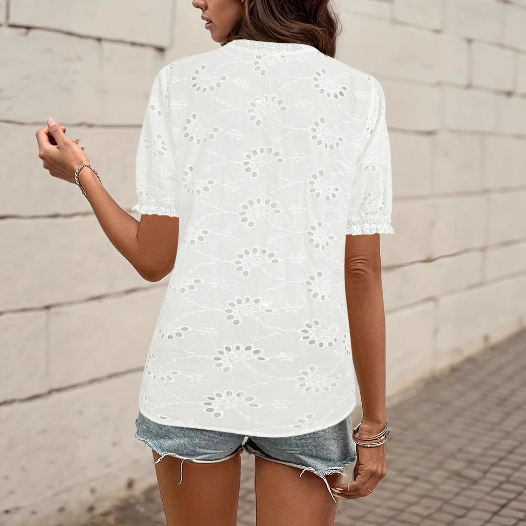 Light blouse for ladies with artistic perforated patterns and button details Lune London