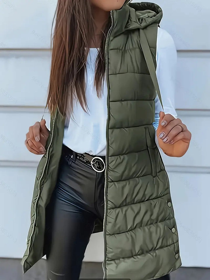 Ladies stylish quilted vest with hood and long cut Lune London