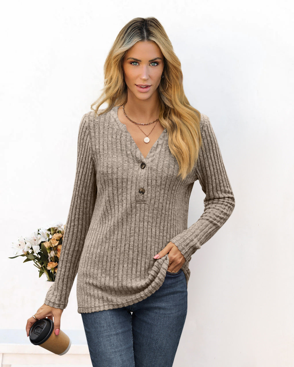 Chunky knit sweater for ladies with V-neck and button details Lune London