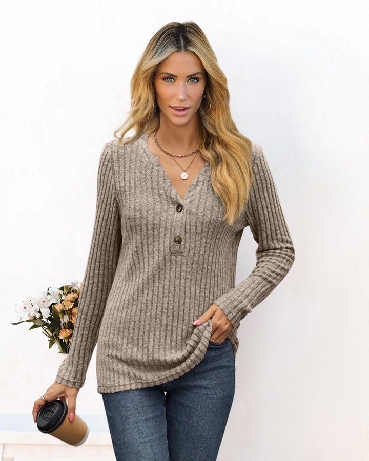 Chunky knit sweater for ladies with V-neck and button details Lune London