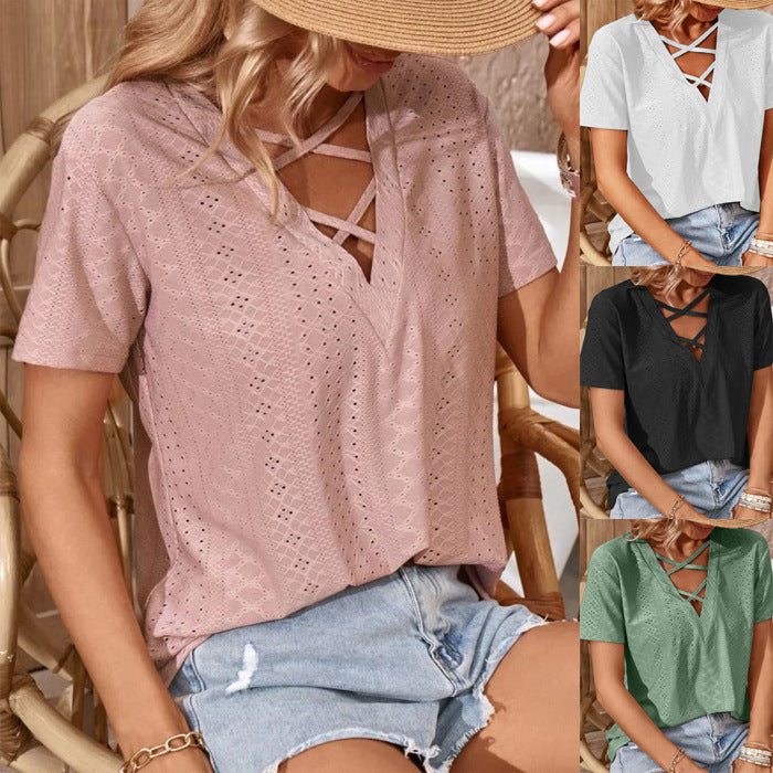 Top for women with decorative hole patterns and trendy V-neck Lune London