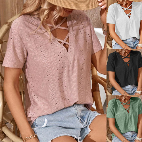 Top for women with decorative hole patterns and trendy V-neck Lune London