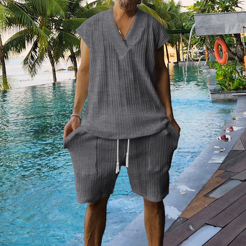 Casual set for men with short sleeve top and shorts featuring structured design Lune London