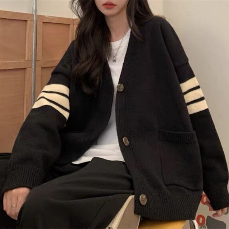 Cardigan tricoté pour femme avec poches décontractées et rayures contrastantes Chic & Stil
