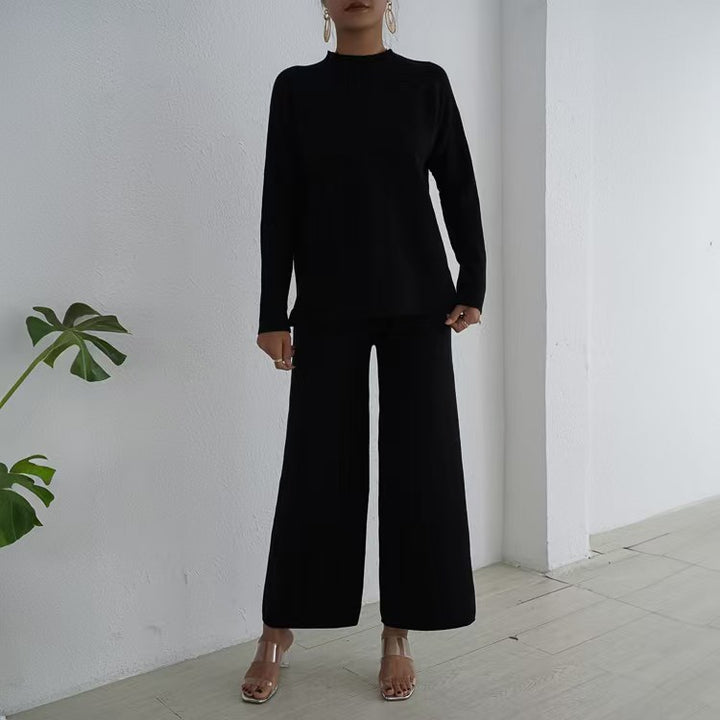 Elegant and casual knit loungewear set for women with high collar and wide legs Lune London
