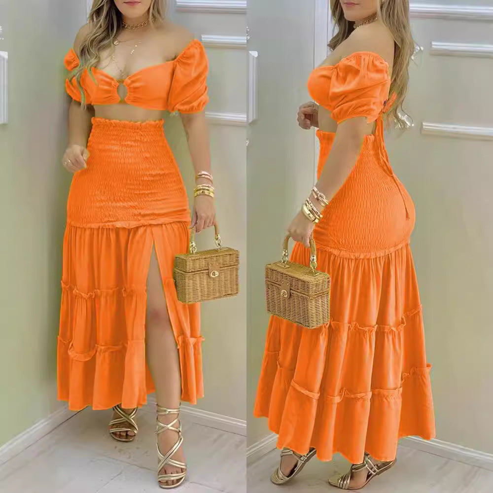Ladies two-piece with gathered details and a high slit Lune London