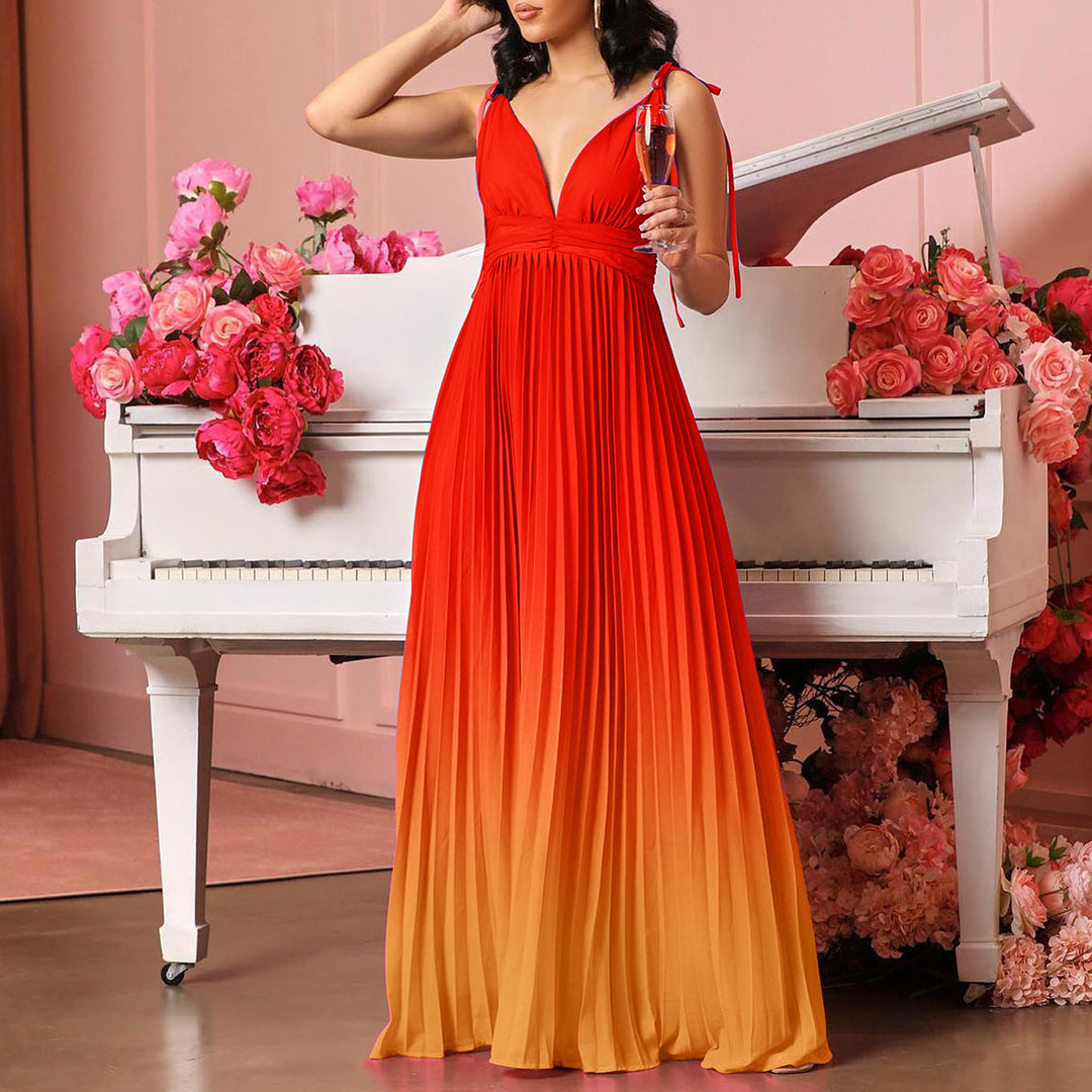 Lune London pleated maxi dress for women with adjustable straps and V neck