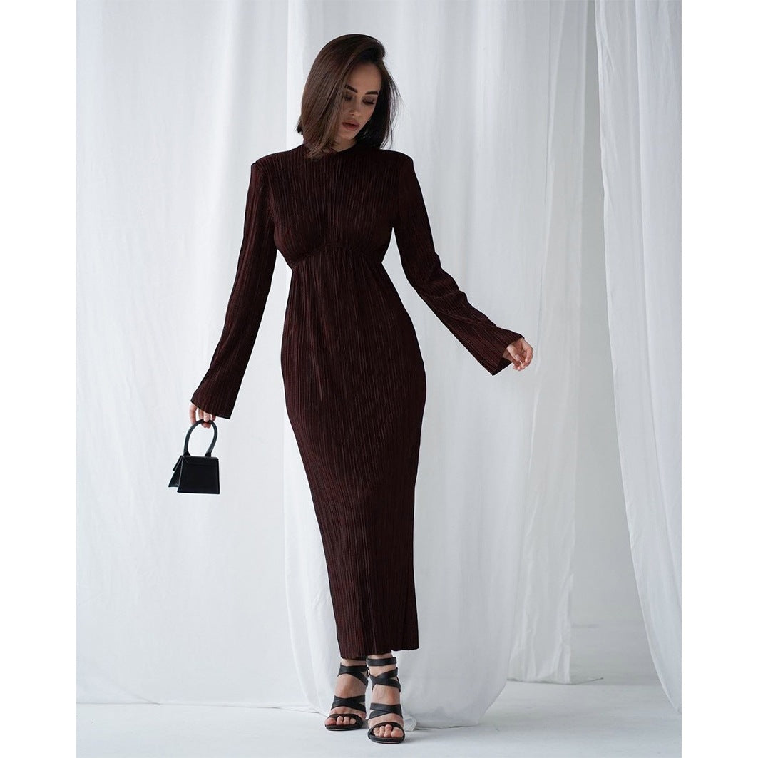Women Elegant Maxi Dress with Structured Pleats and Long Sleeves Lune London