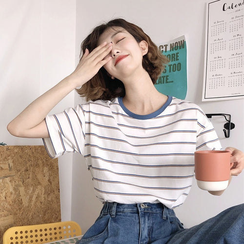 Women Striped T-Shirt with Round Neck and Loose Fit Lune London