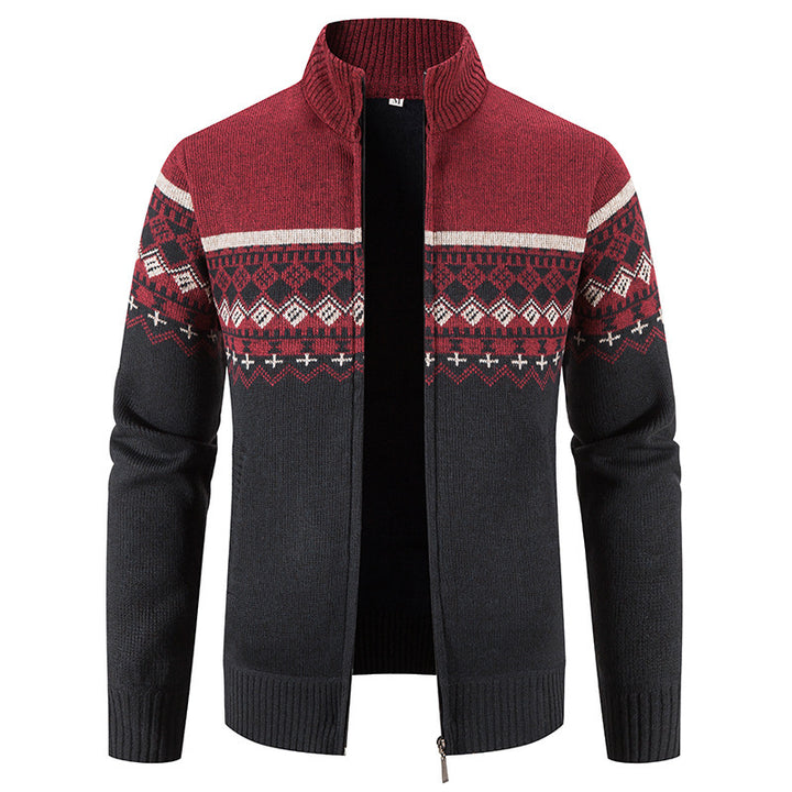Men's knitted jacket with modern Norwegian pattern and high collar Lune London