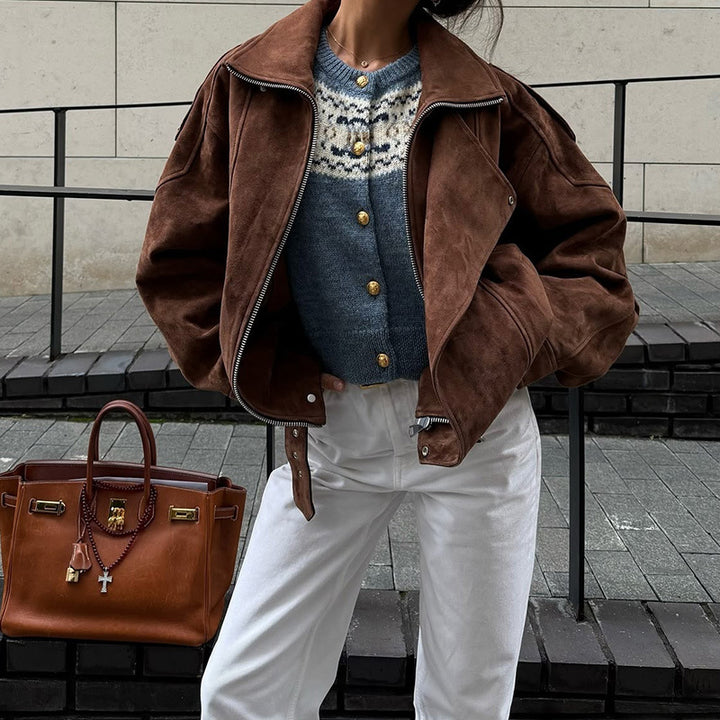 Faux leather jacket for women with a modern high collar and practical zip pockets Lune London