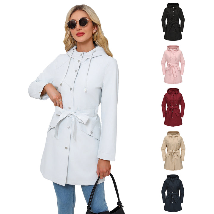 Women's waterproof transition jacket with adjustable hood and waist belt Chic and Style