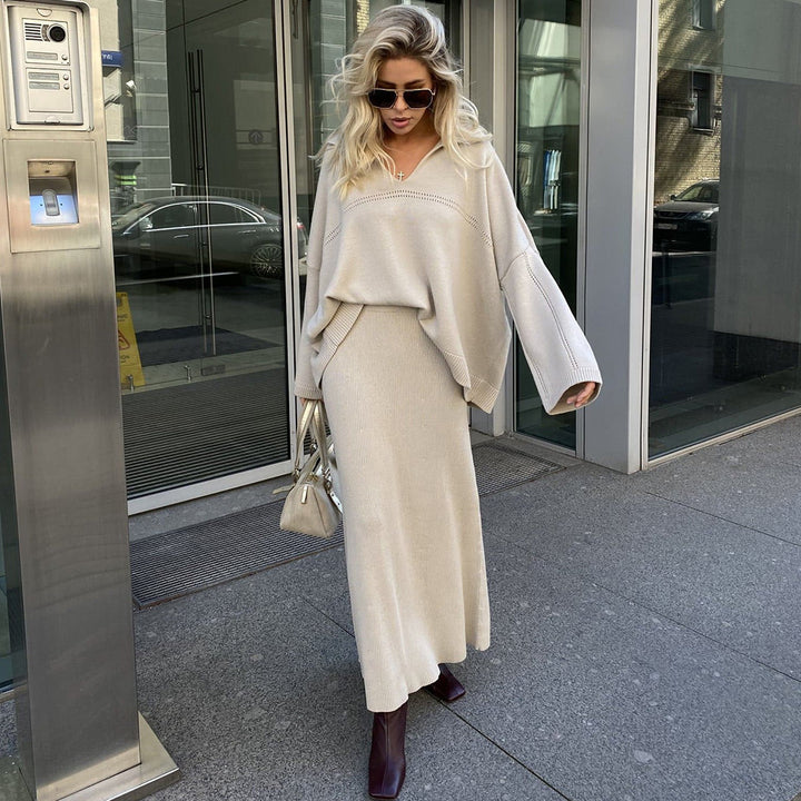Modest knit set for ladies with a loose fit and deep V-neck Lune London