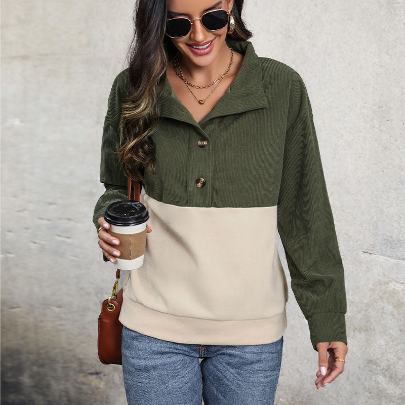 Lune London women's corduroy turtleneck sweater with button detail