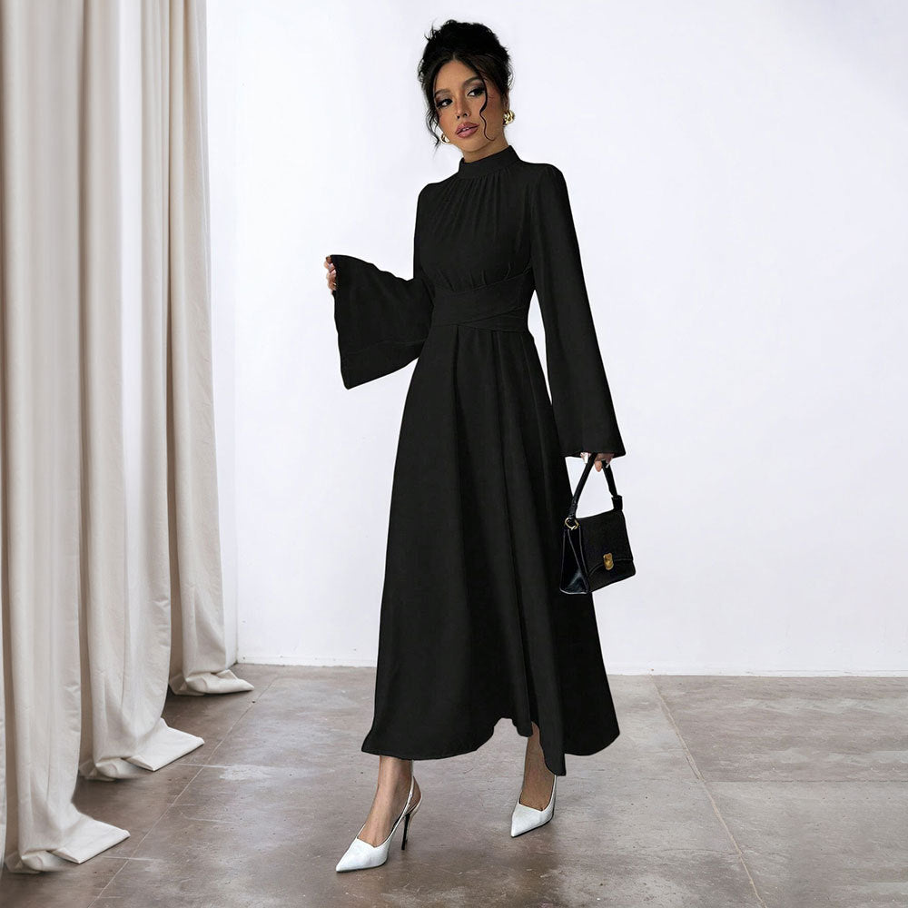 Elegant Maxi Dress for Women with Flowing Sleeves and Chic High Collar & Style