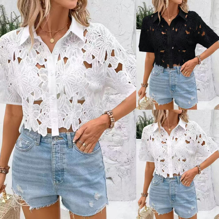 Short floral crochet blouse with short sleeves Lune London