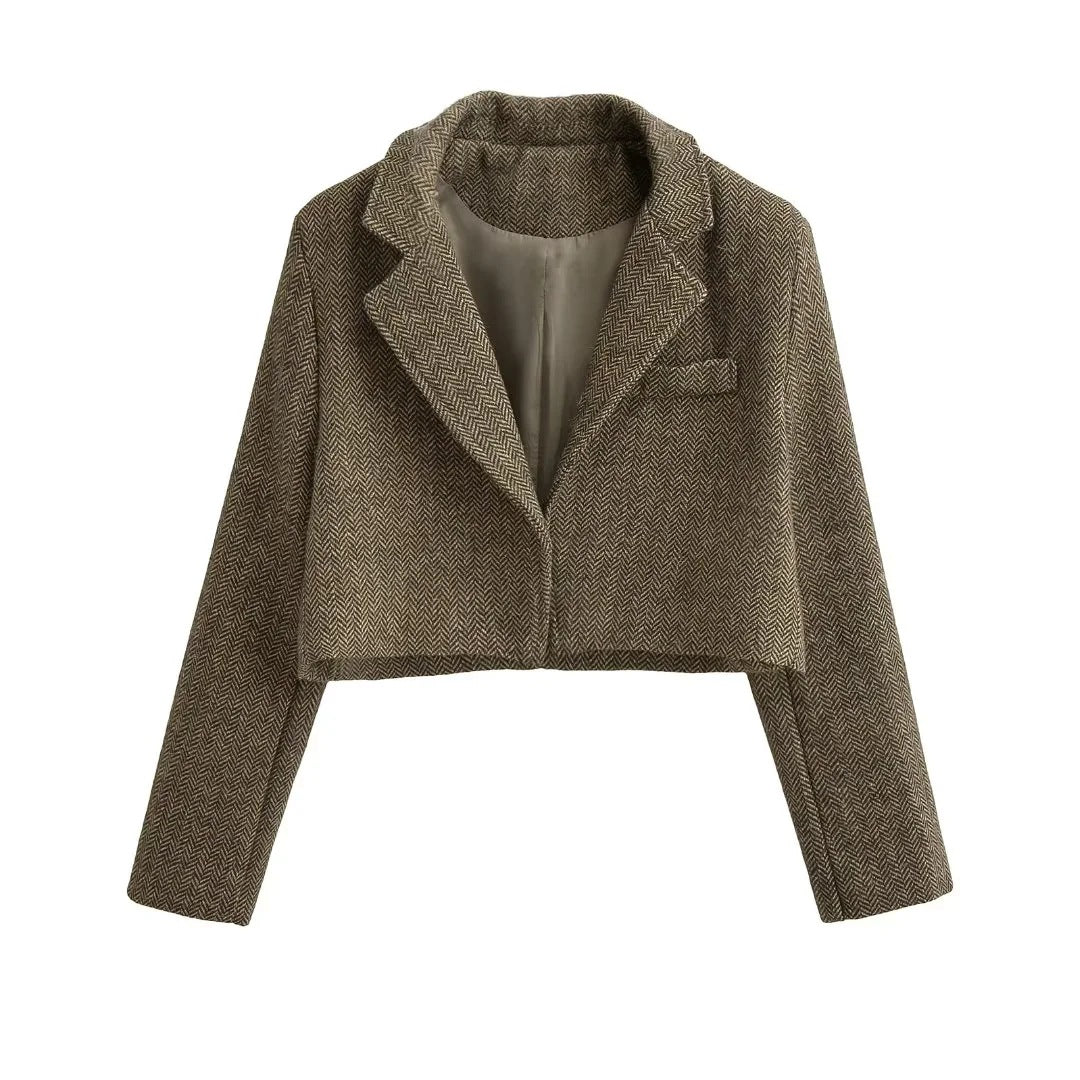 Short blazer jacket for women with an elegant herringbone design Lune London